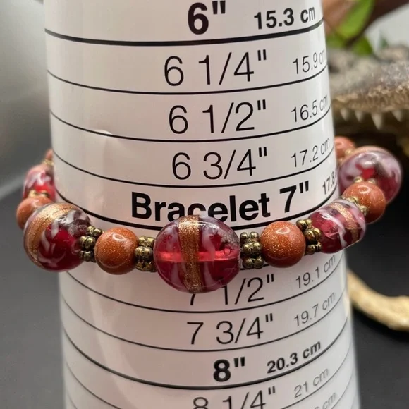 Art Glass and Gold Stone Toggle Clasp Beaded Bracelet 7.25 - Picture 2 of 5